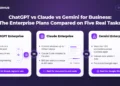ChatGPT vs Claude vs Gemini for Business: The Enterprise Plans Compared on Five Real Tasks 17 ChatGPT vs Claude vs Gemini for business shown as three plan cards compared across five work tasks